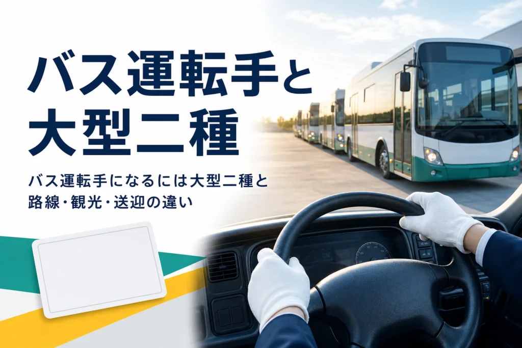 バス運転手になるために必要な大型二種免許と、路線・観光・送迎バスの違いを紹介する記事のアイキャッチ