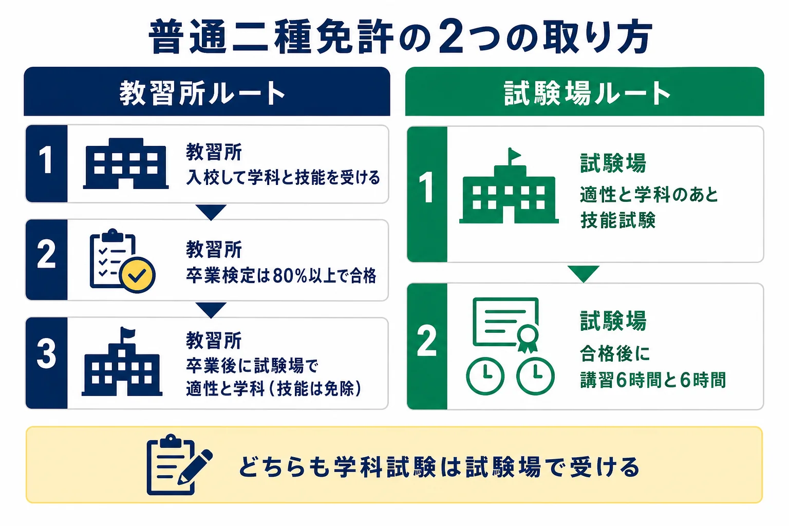 普通二種免許を指定教習所で取る場合と、試験場で直接受ける場合の流れを並べた図解