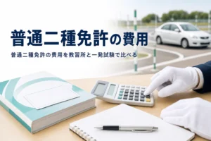 普通二種免許の費用を、教習所で取る場合と試験場の一発試験で取る場合に分けて紹介する記事のアイキャッチ
