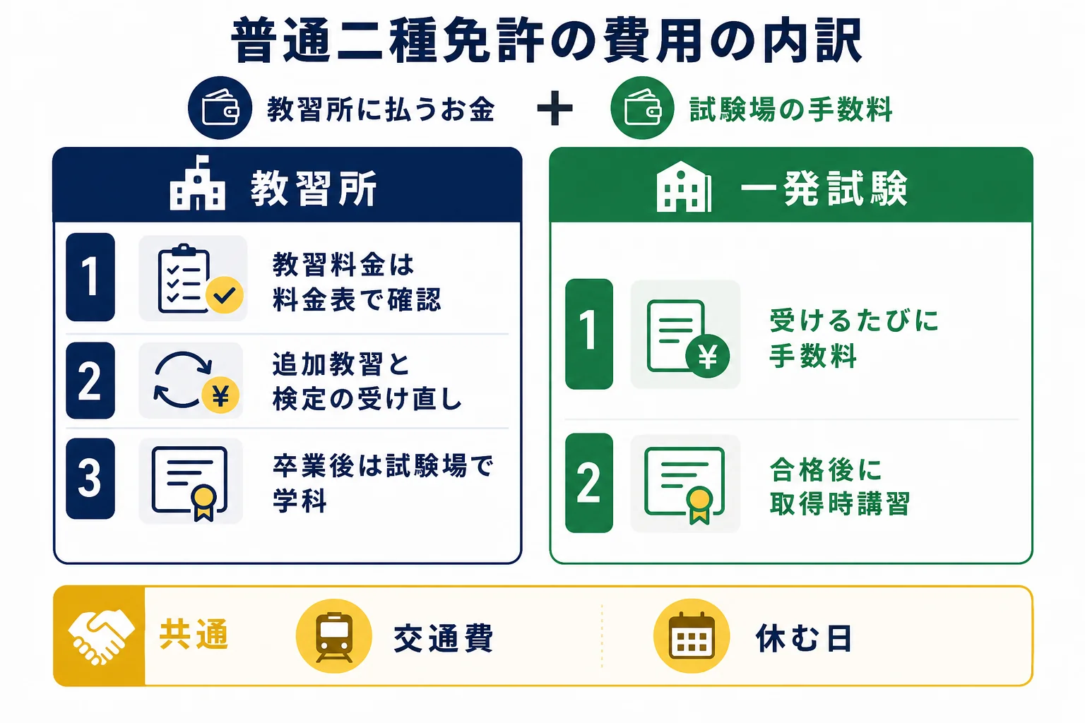 普通二種免許の費用を、教習所で取る場合と試験場で直接受ける場合に分けて、払う先ごとに並べた図解
