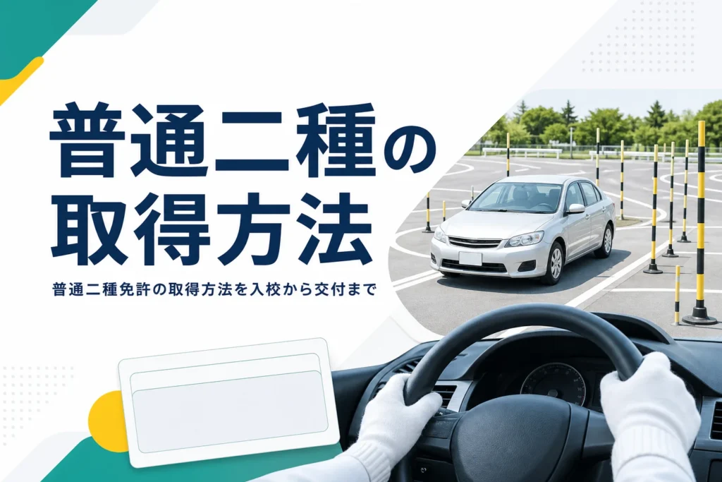 普通二種免許の取得方法を、教習所・試験場・会社の養成制度に分けて紹介する記事のアイキャッチ