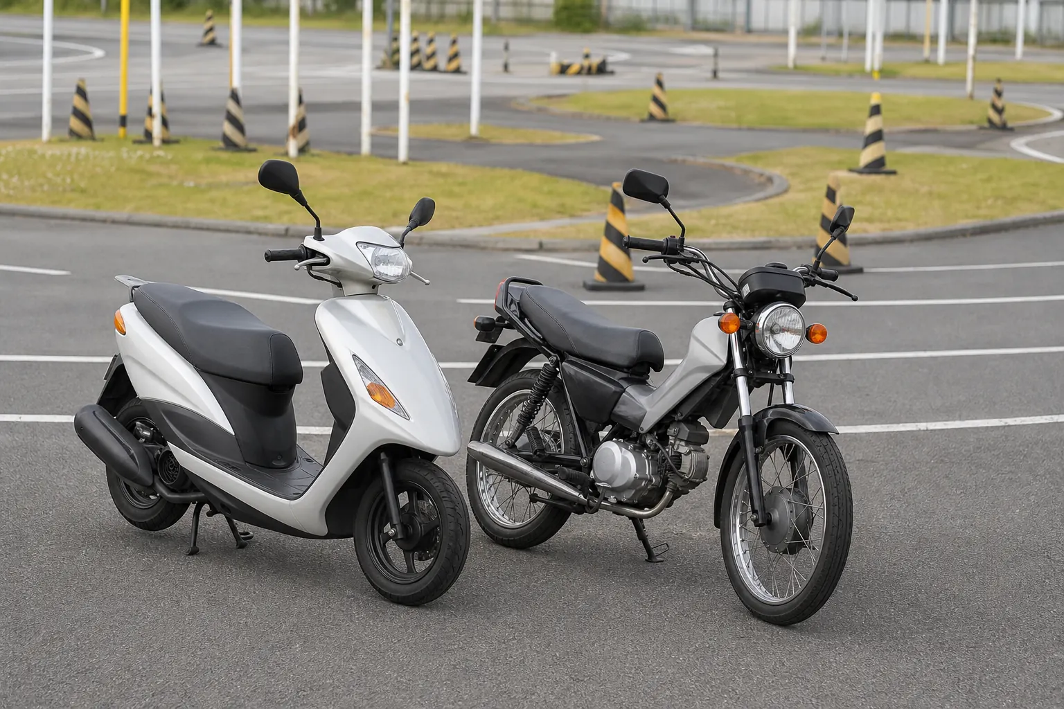 AT小型限定で乗れるスクーターと、MTで乗れるギア付きの小型バイクが並んだ教習所のコースの写真