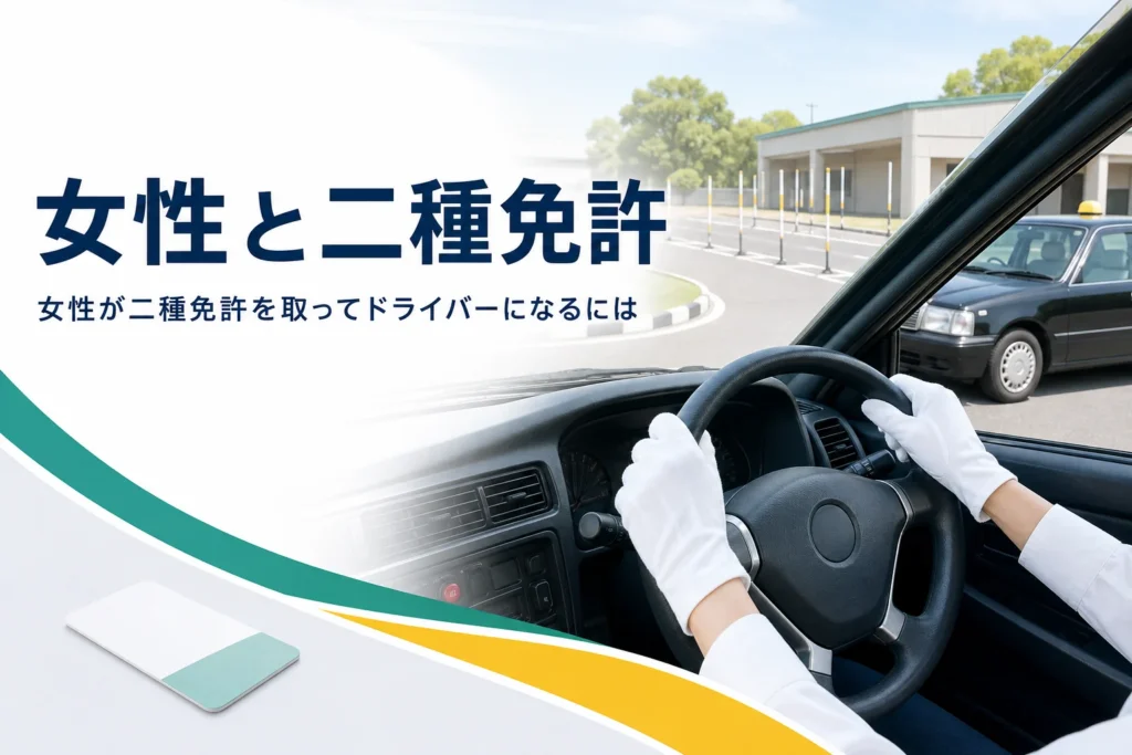 女性が二種免許を取ってタクシーやバスのドライバーになるまでの流れと、会社選びで確かめる項目を紹介する記事のアイキャッチ