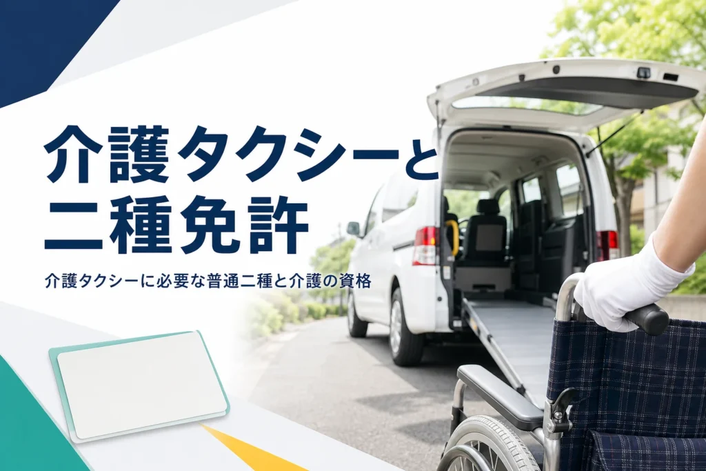 介護タクシーに必要な普通二種免許と、介護の資格や研修が関わる場面を紹介する記事のアイキャッチ