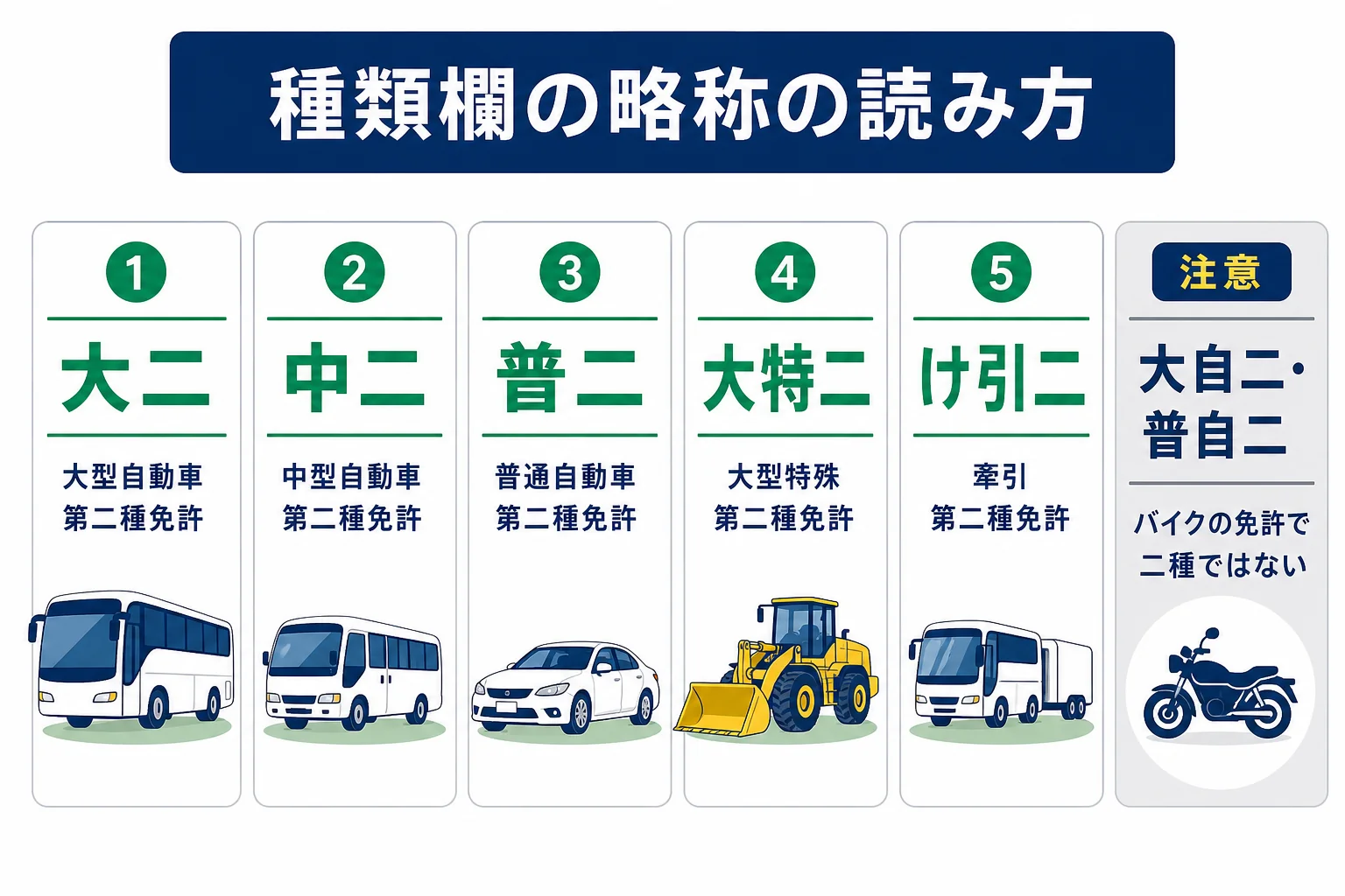 免許証の種類欄の略称を、車の種類と第二種かどうかに分けて読む手順を示した見本図