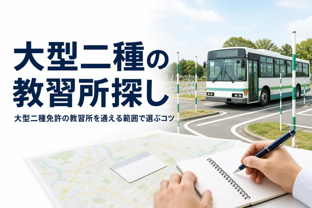 大型二種免許の教習所・自動車学校を、通える範囲で探して比べる方法を紹介する記事のアイキャッチ