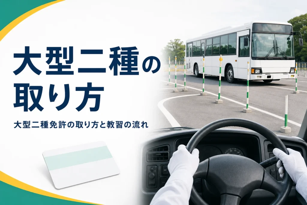 大型二種免許の取り方を、入校から卒業検定・学科試験・免許証の交付までの流れで紹介する記事のアイキャッチ