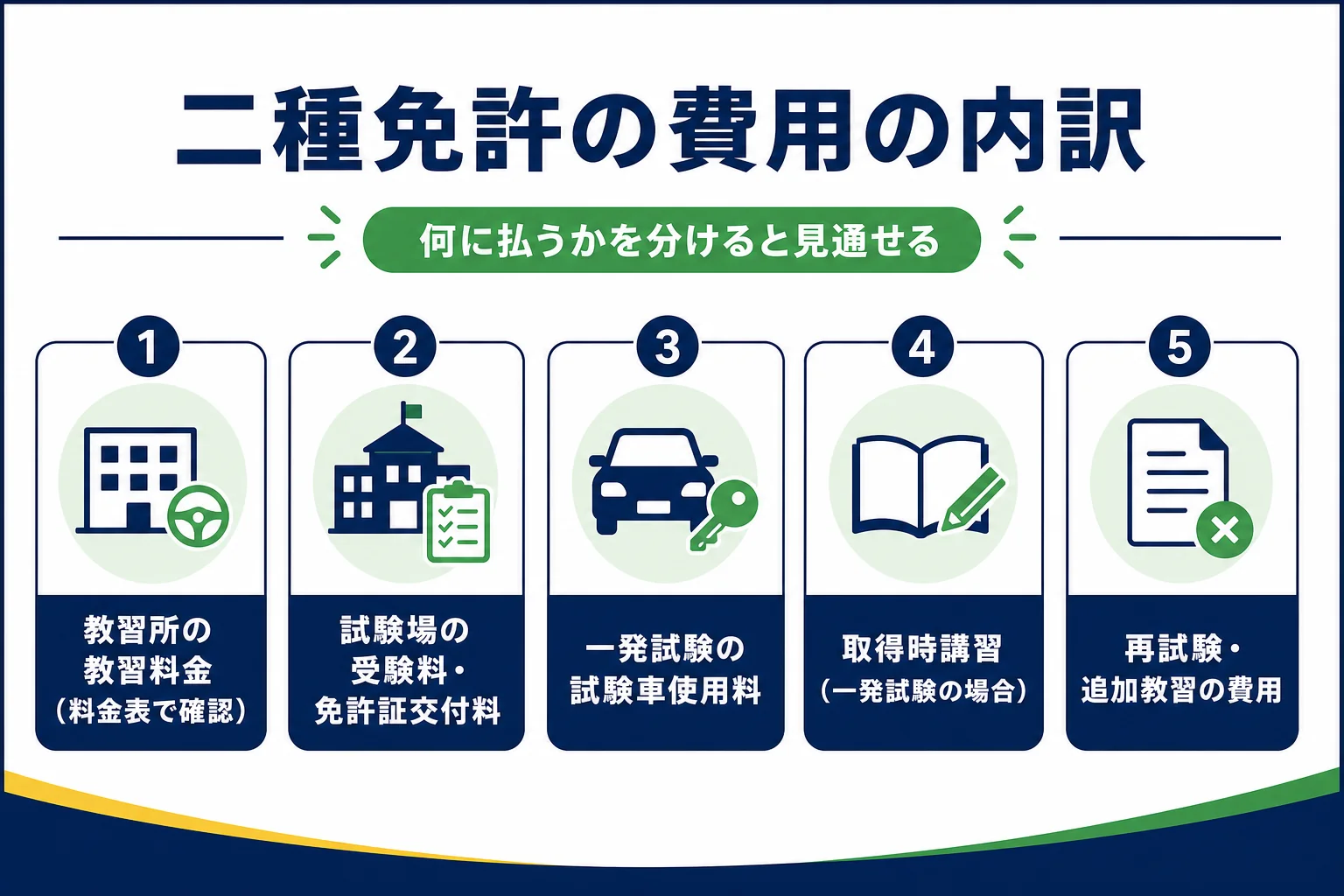 教習所の料金・試験場の手数料・取得時講習など、二種免許の費用の内訳を並べた図解