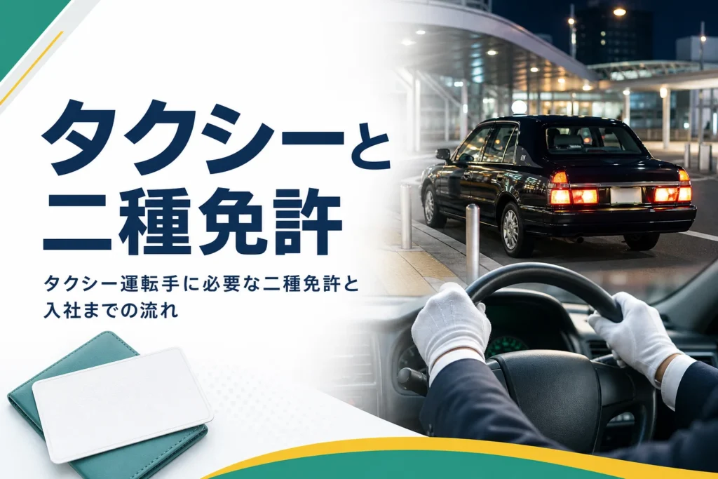 タクシー運転手に必要な二種免許と、入社して乗務を始めるまでの流れを紹介する記事のアイキャッチ