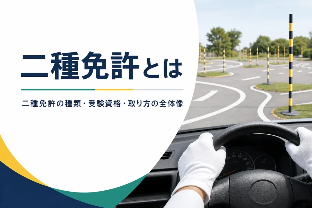 二種免許とは何かを、種類・受験資格・取り方・費用・仕事の順で紹介する記事のアイキャッチ