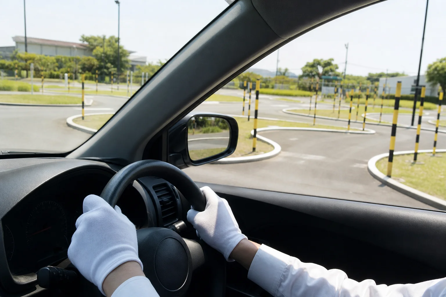 二種免許の技能試験で走る鋭角コースのポールと白線を、教習車の運転席から見た写真