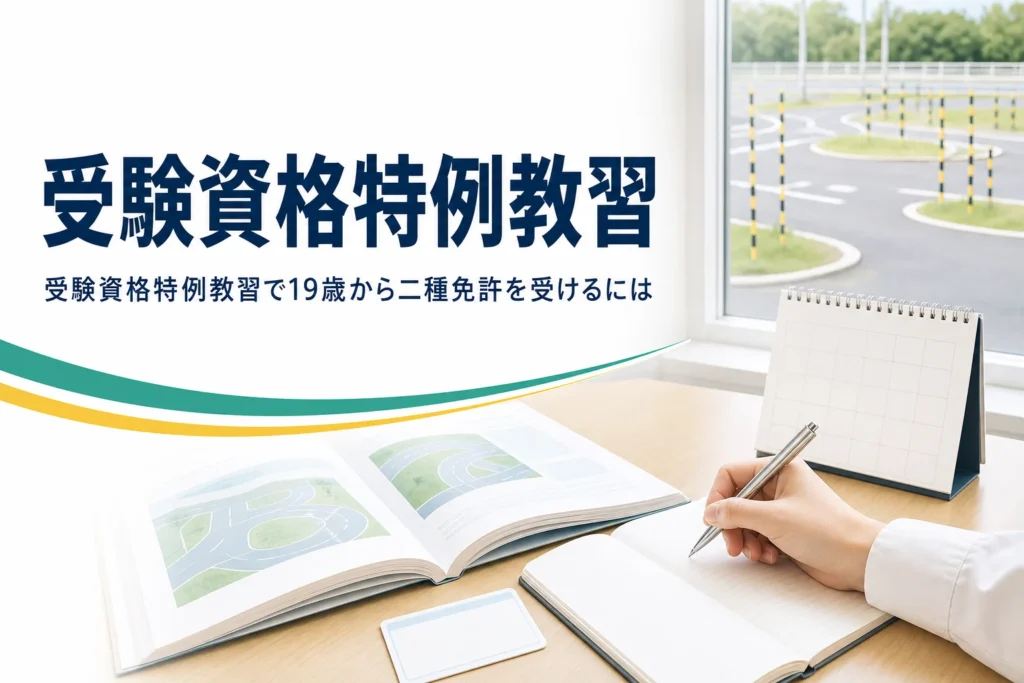 受験資格特例教習の仕組みと、19歳・経験1年で二種免許を受ける方法を紹介する記事のアイキャッチ