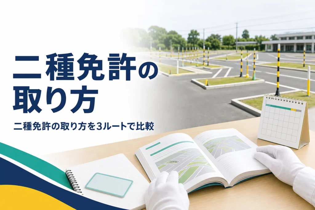 二種免許の取り方を、教習所の通学・合宿・一発試験の3ルートで比べる記事のアイキャッチ